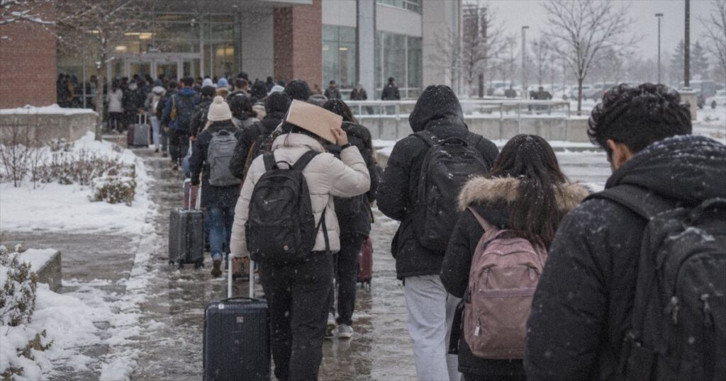 Study permit cap 2026: international students queuing outside a Canadian college in winter