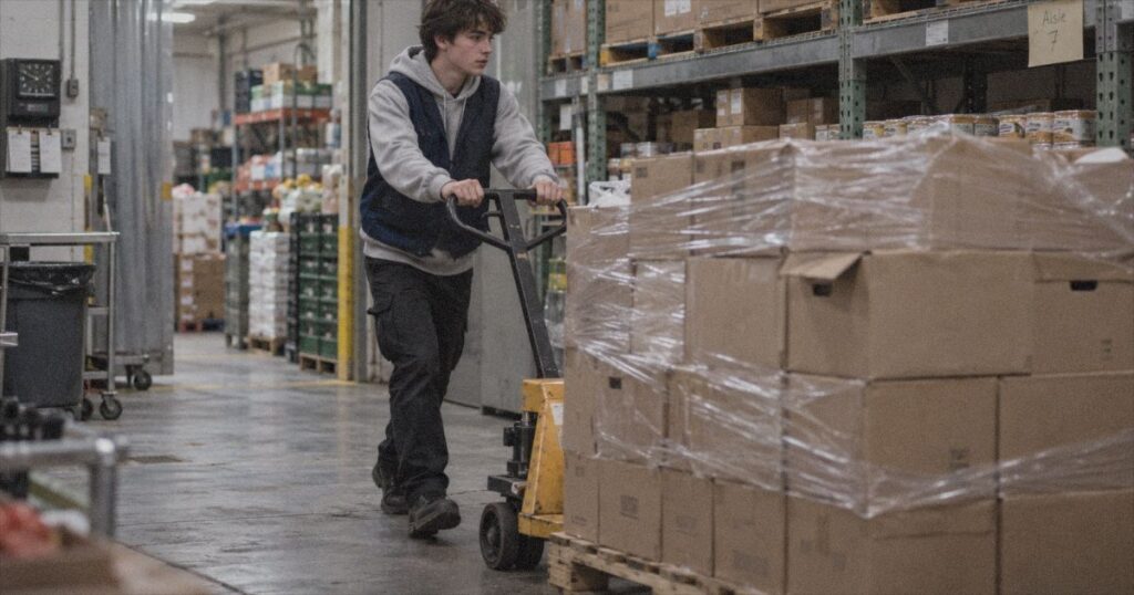 International student jobs in Canada: a student working a warehouse shift at a grocery store