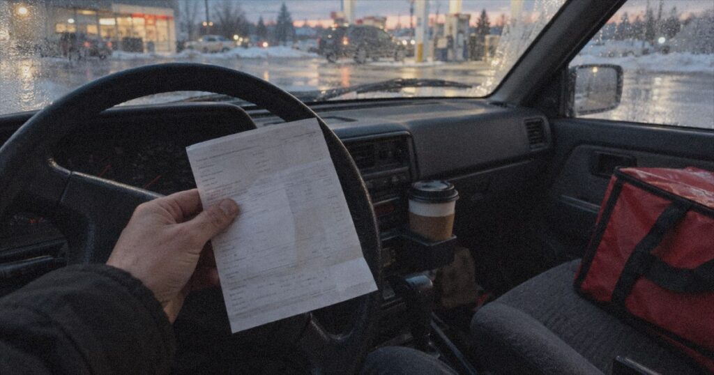 Minimum wage in Canada 2026: a worker checking a pay stub in a parked car at dawn