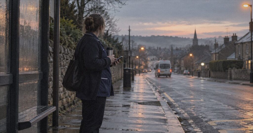 UK care worker visa 2026: a care worker waiting for an early bus to her shift
