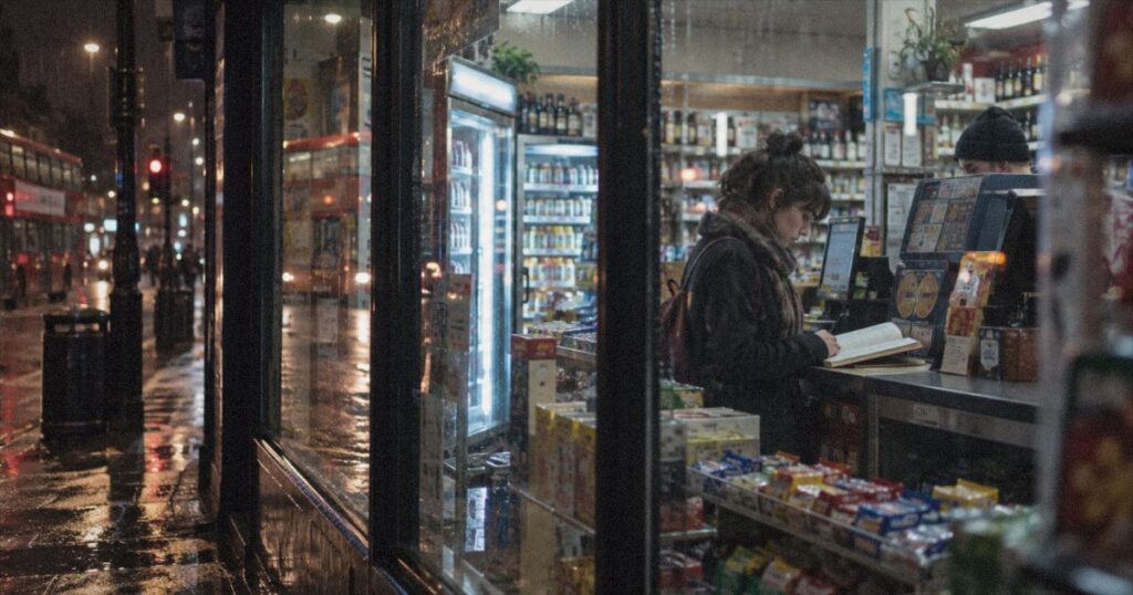 UK student visa work hours: an international student working a night shift at a London shop